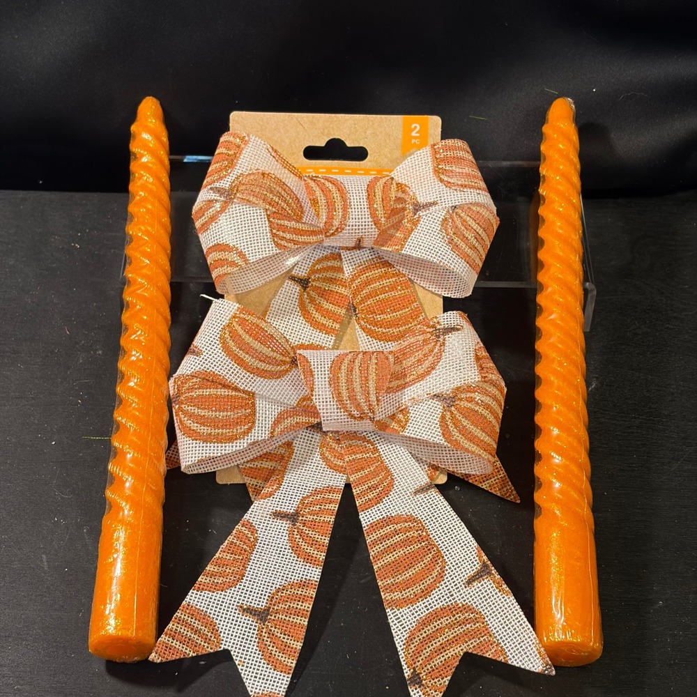 Greenbrier International Orange Spiral Taper Candles & Pumpkin Bows Set